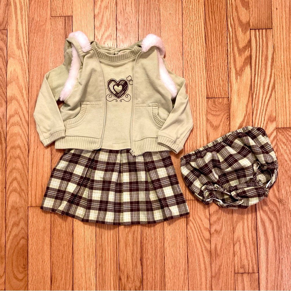 Jenny & Me 3 Piece Outfit Dress Bloomers Vest Green Plaid 24 Months